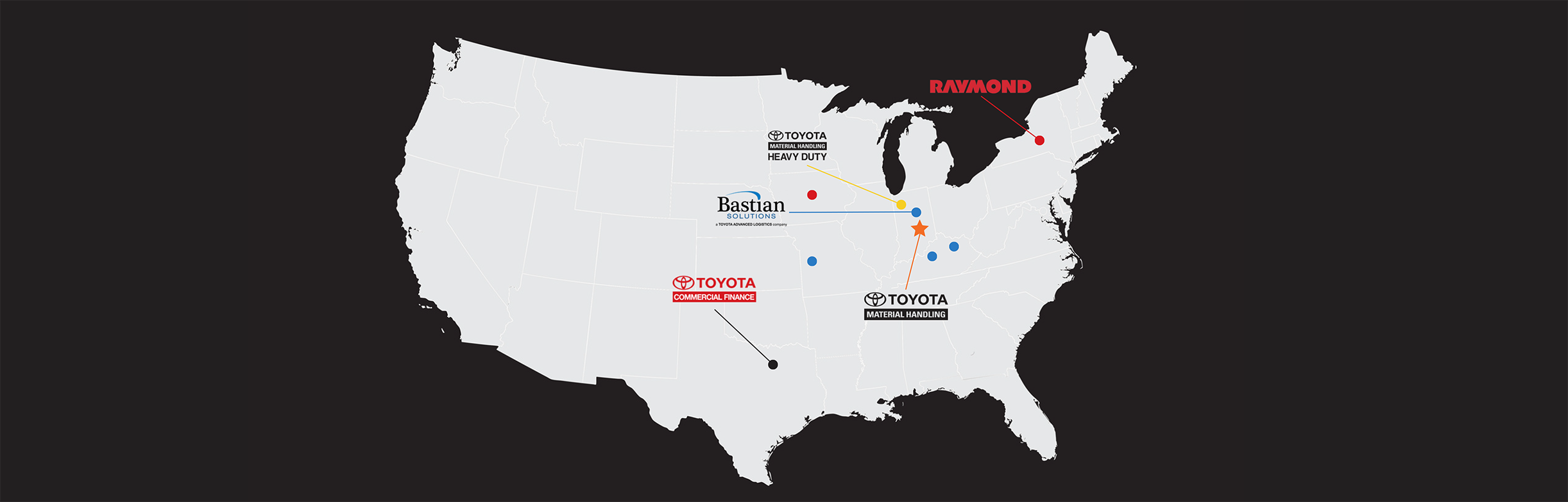 united states map with toyota sister companies marked based on their location